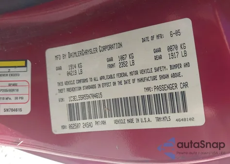 2005 Chrysler Sebring Touring z USA, uszkodzony, nr VIN 1C3EL55R55N704615